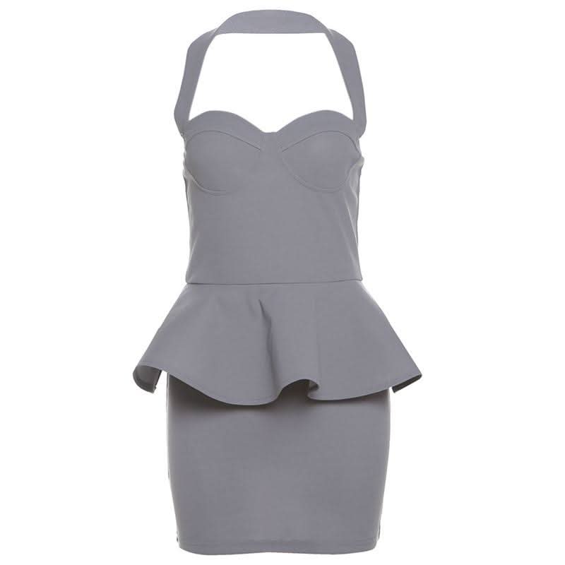 Halter ruffle v neck zip-up backless solid mini dress  | Festival Outfits Women