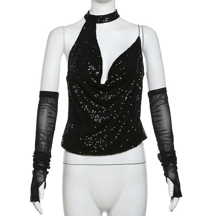 Halter gloves button glitter cowl neck irregular top-final-sale  | Festival Outfits Women