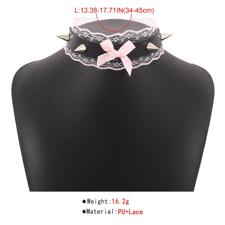 PU leather lace hem bowknot rivet decor chocker  | Festival Outfits Women