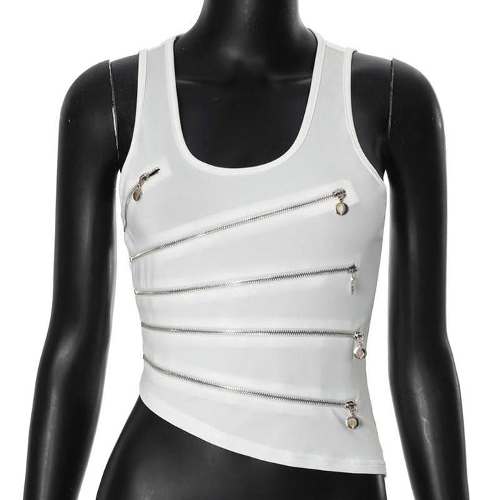 Zip-up hollow out u neck irregular solid cut out top-final-sale