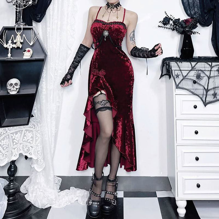 Sweetheart neck velvet flower applique slit cami maxi dress-final-sale