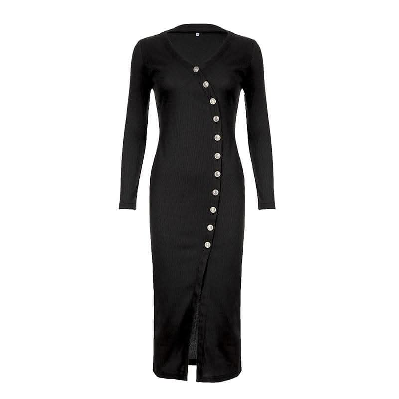 Long sleeve button high slit v neck irregular midi dress-final-sale  | Festival Outfits Women