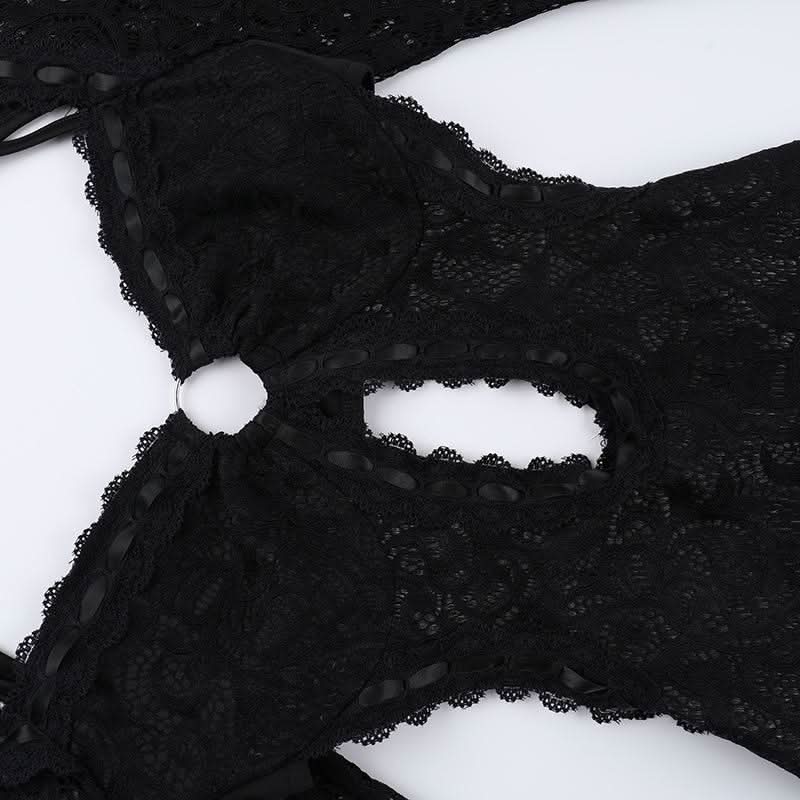 Long sleeve halter self tie lace hollow out romper  | Festival Outfits Women