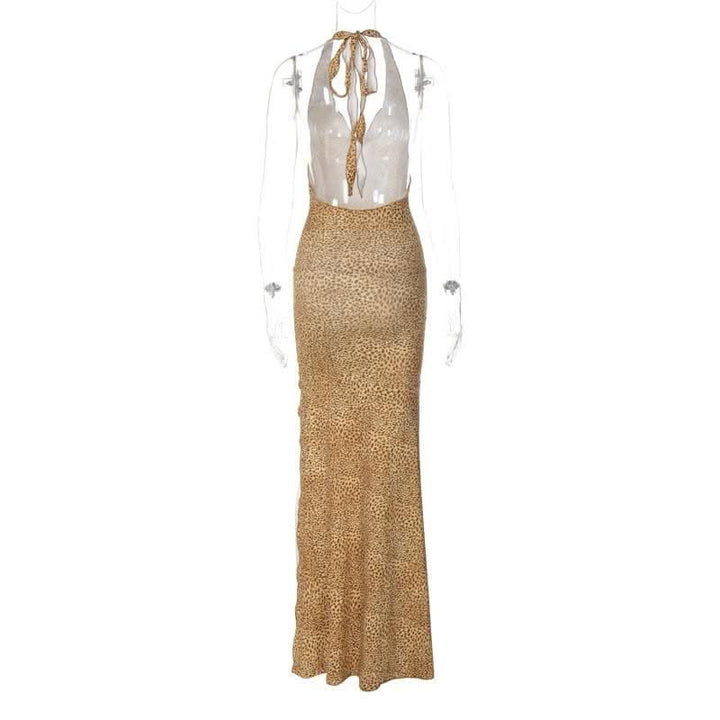 Halter cowl neck print high slit ruched maxi dress-final-sale  | Festival Outfits Women