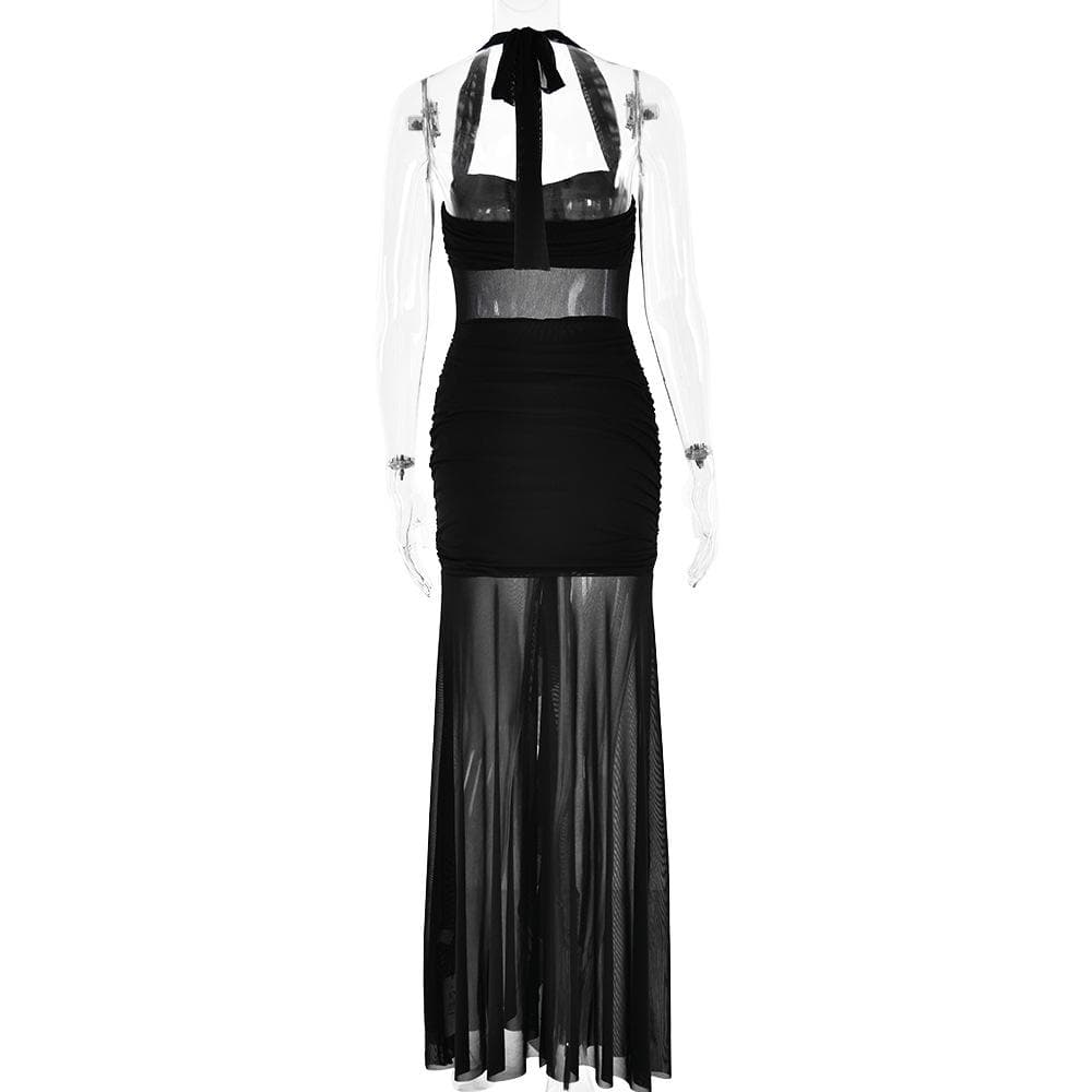 Halter patchwork mesh ruched ruffle maxi dress  | Festival Outfits Women