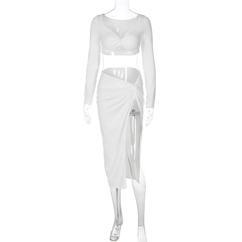 Long sleeve off shoulder high slit midi skirt set  | Festival Outfits Women