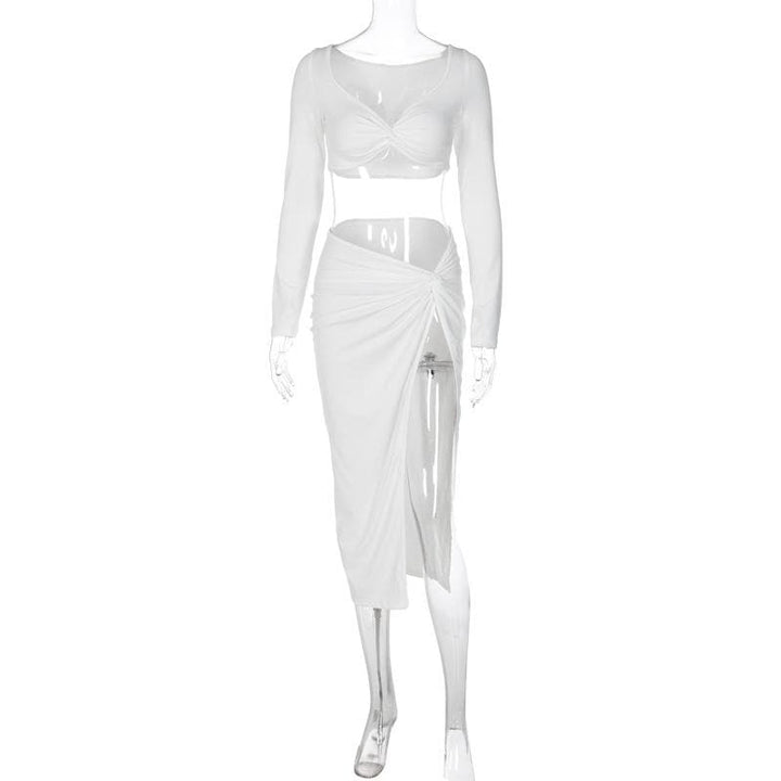 Long sleeve off shoulder high slit midi skirt set  | Festival Outfits Women