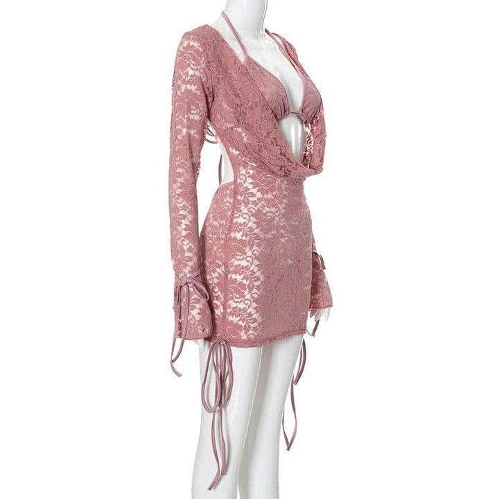 Long sleeve lace hollow out self tie 2 piece mini skirt set  | Festival Outfits Women