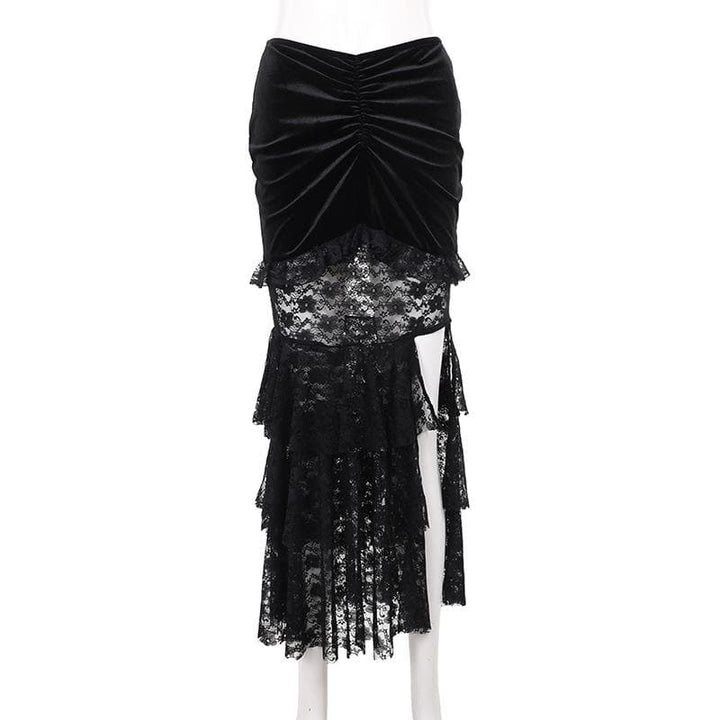 Velvet lace ruched slit midi skirt  | Festival Outfits Women