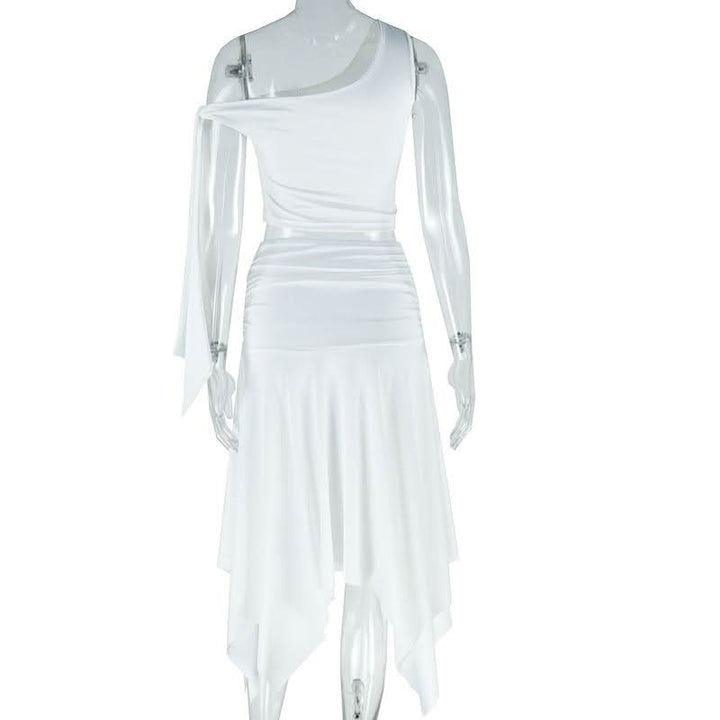 One shoulder knitted ruched slit midi skirt set  | Festival Outfits Women