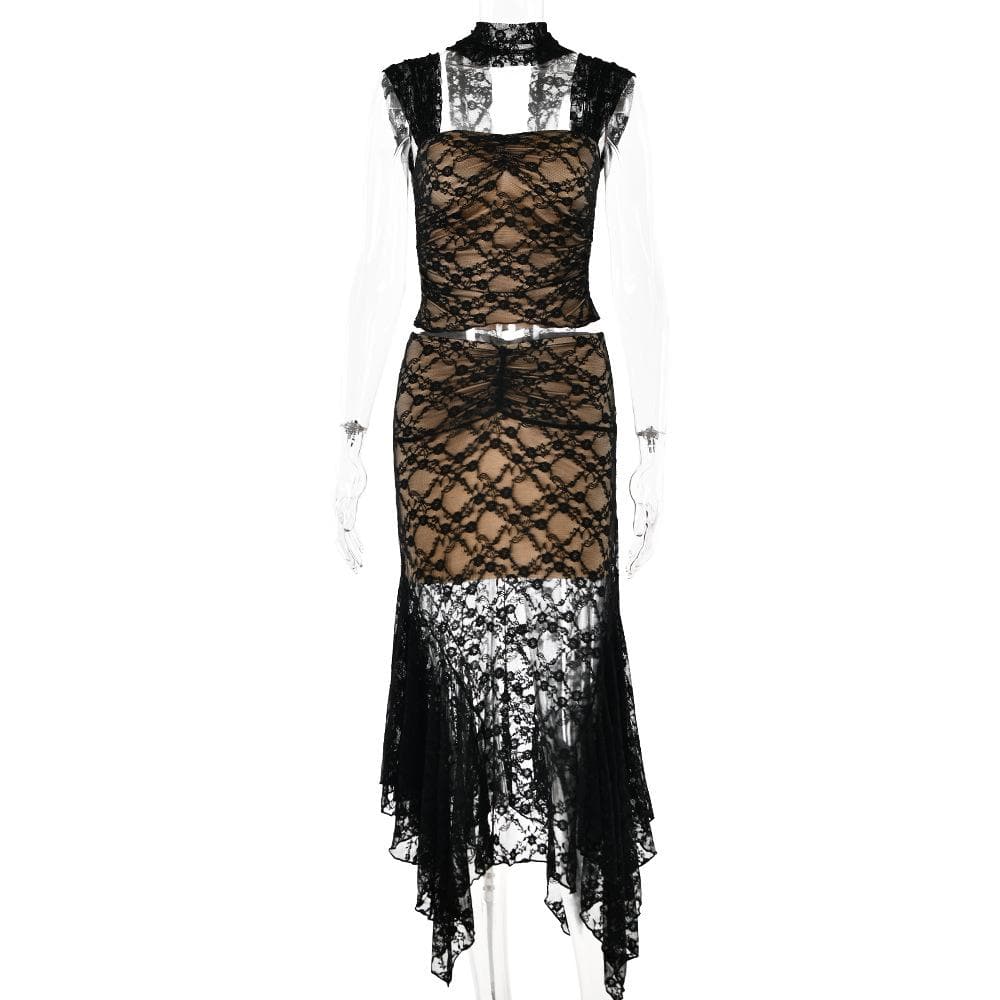 Cap sleeve lace ruffle ruched midi skirt set- Final Sale  | Festival Outfits Women