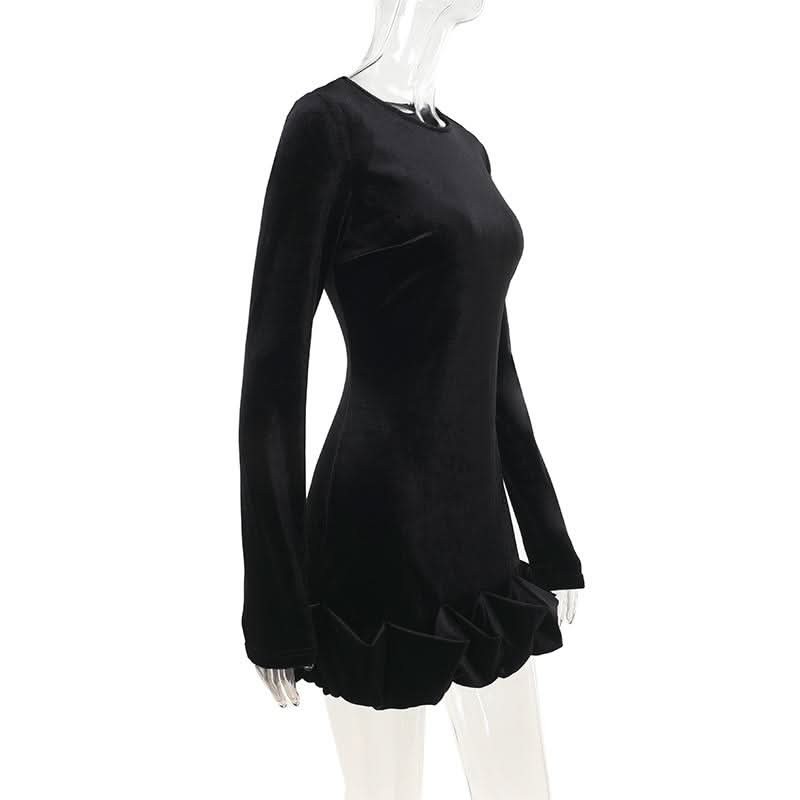 Long sleeve crewneck velvet ruffle mini dress  | Festival Outfits Women