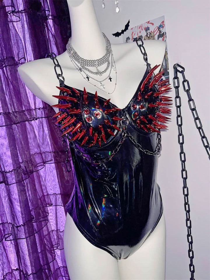 PU leather rivet metal chain bodysuit  | Festival Outfits Women