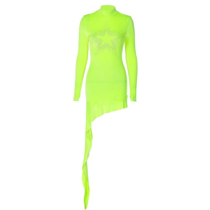 Star pattern beaded irregular long sleeve high neck ruffle mini dress-final-sale  | Festival Outfits Women