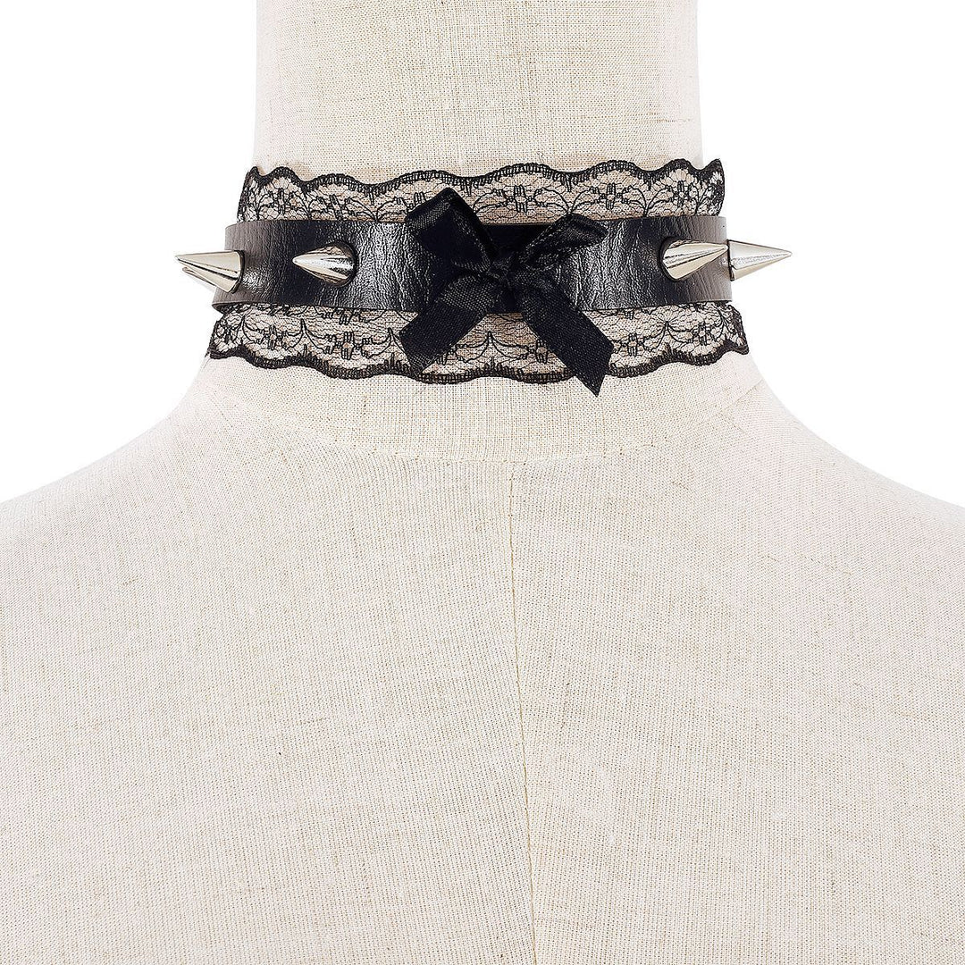 PU leather lace hem bowknot rivet decor chocker  | Festival Outfits Women