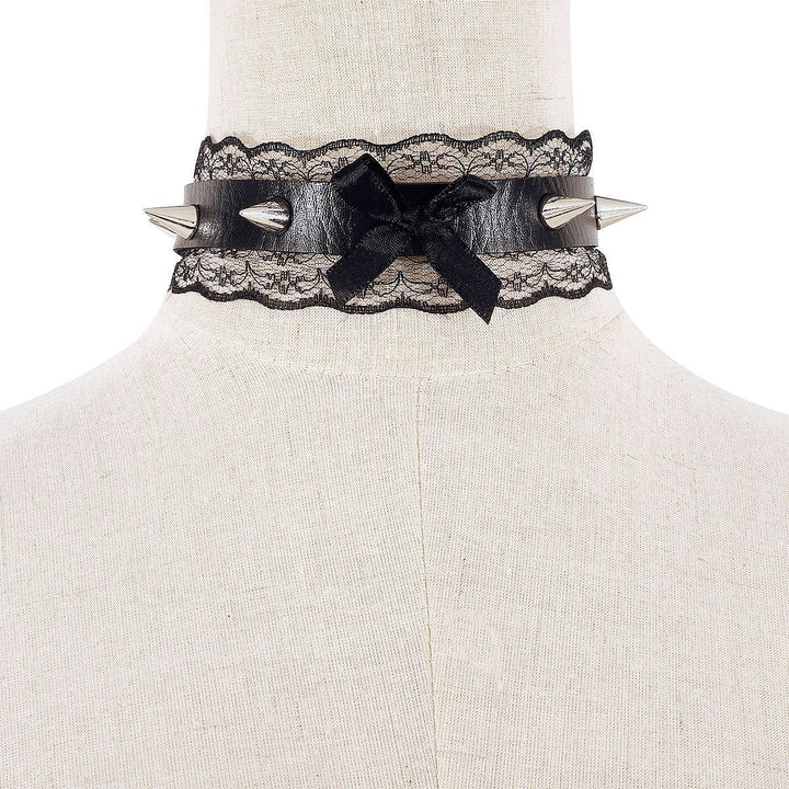 PU leather lace hem bowknot rivet decor chocker  | Festival Outfits Women