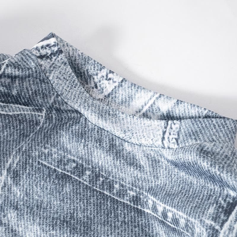 Cap sleeve crewneck denim print maxi dress  | Festival Outfits Women