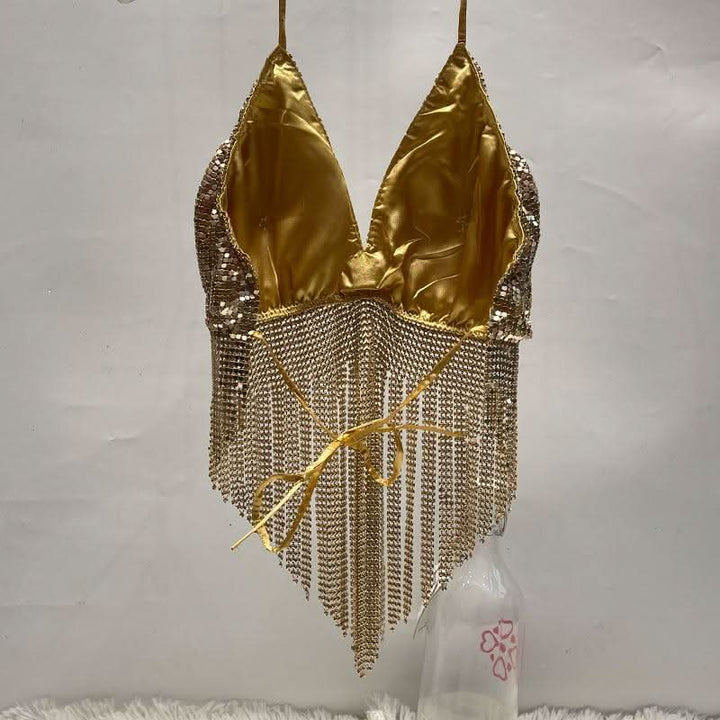 V neck halter self tie tassels glitter top  | Festival Outfits Women