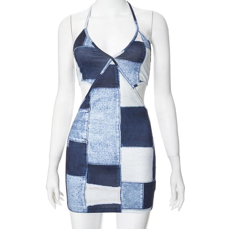 Riga mai kama da na Halter patchwork denim hollow out cut out mini dress | Kayan Biki na Mata