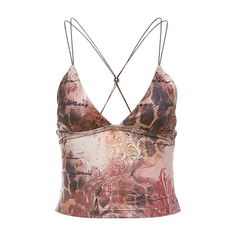 Butterfly applique backless v neck contrast print crop top-final-sale