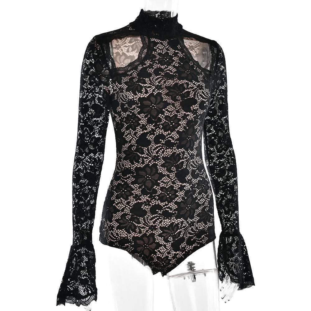 High neck long sleeve hollow out lace bodysuit  | Festival Outfits Women