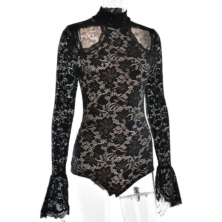 High neck long sleeve hollow out lace bodysuit  | Festival Outfits Women