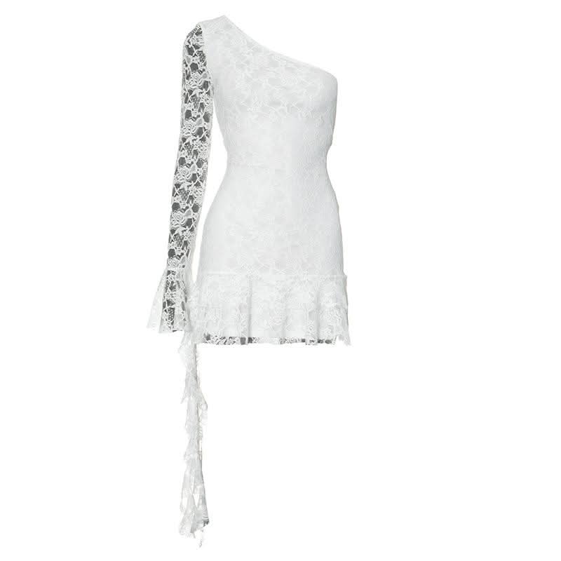 One shoulder long sleeve lace ruffle mini dress  | Festival Outfits Women