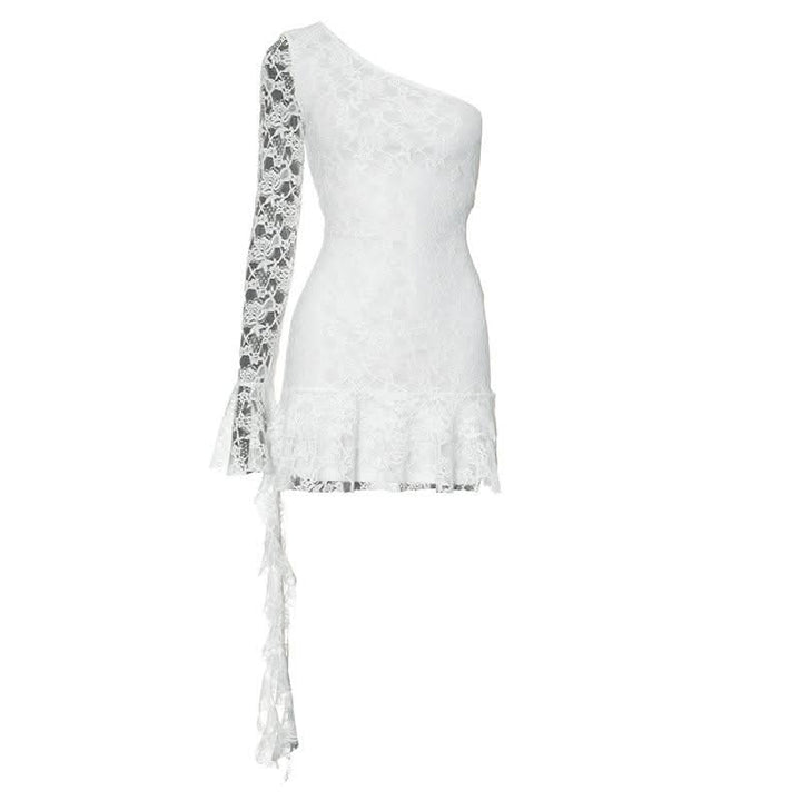 One shoulder long sleeve lace ruffle mini dress  | Festival Outfits Women