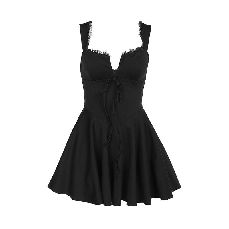 Lace hem button bowknot cami mini dress  | Festival Outfits Women