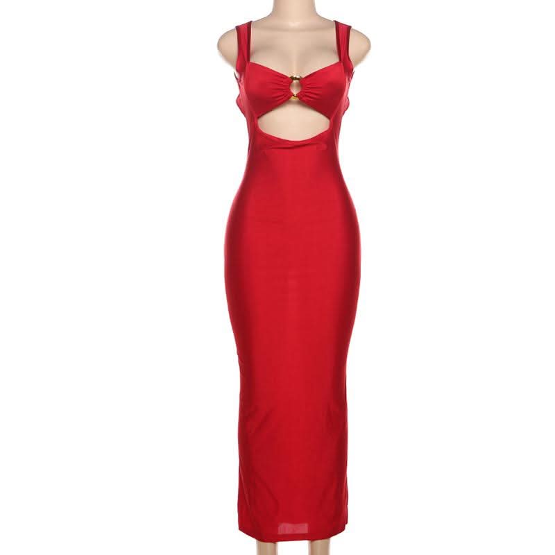 Hollow out o ring v neck backless cut out maxi dress  | Festival Outfits Women