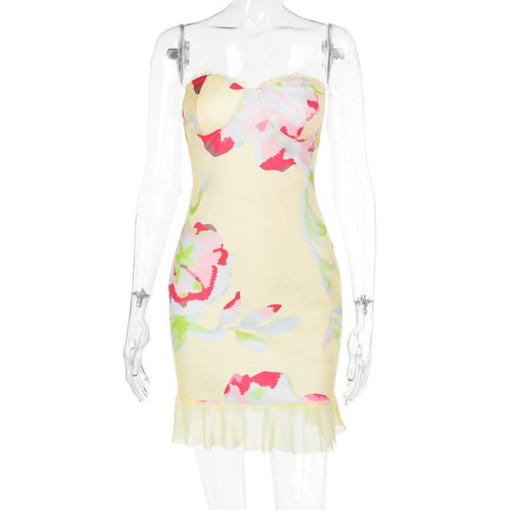 Mesh flower print sweetheart neck tube mini dress  | Festival Outfits Women