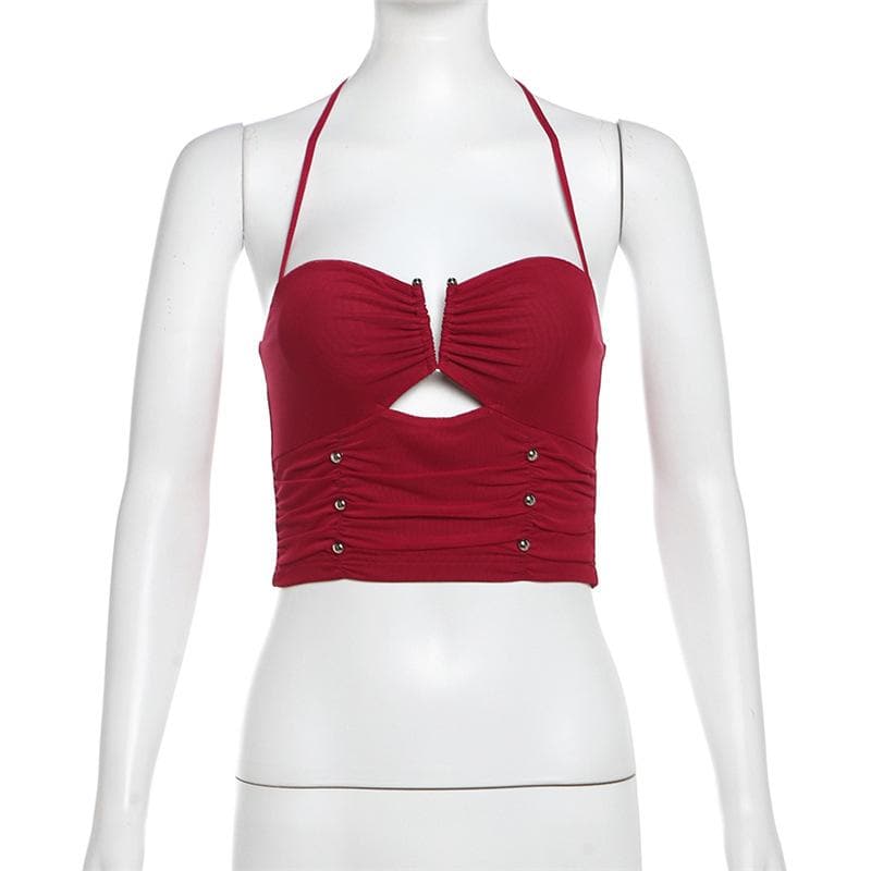 Halter ruched hollow out beaded cut out top  | Festival Outfits Women