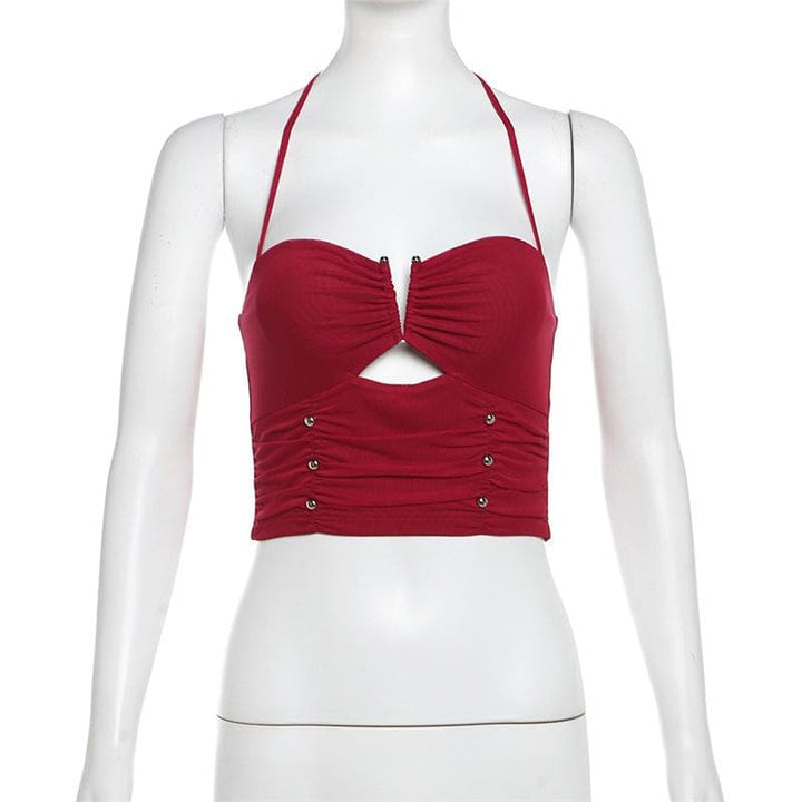 Halter ruched hollow out beaded cut out top  | Festival Outfits Women