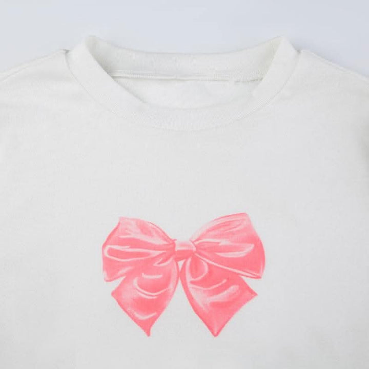 Bowknot pattern contrast long sleeve crewneck top-final-sale  | Festival Outfits Women
