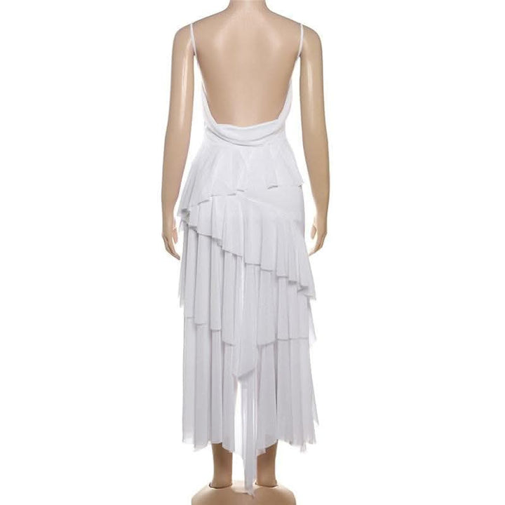 V neck sheer mesh ruffle cami midi dress-final-sale  | Festival Outfits Women