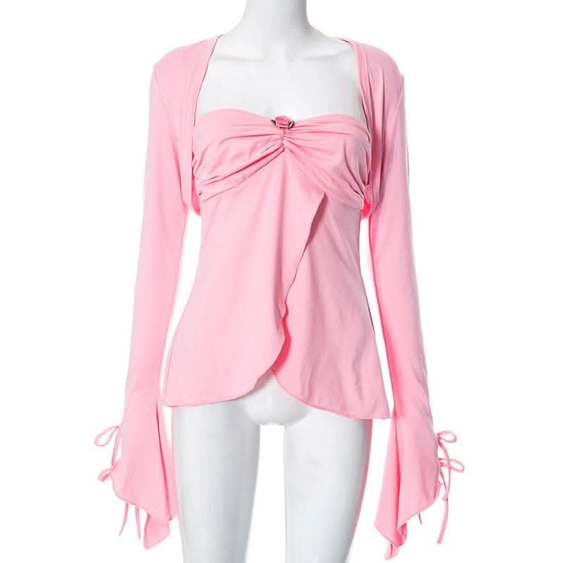 Long sleeve self tie ruched flower applique ruffle solid mini skirt set-final-sale  | Festival Outfits Women