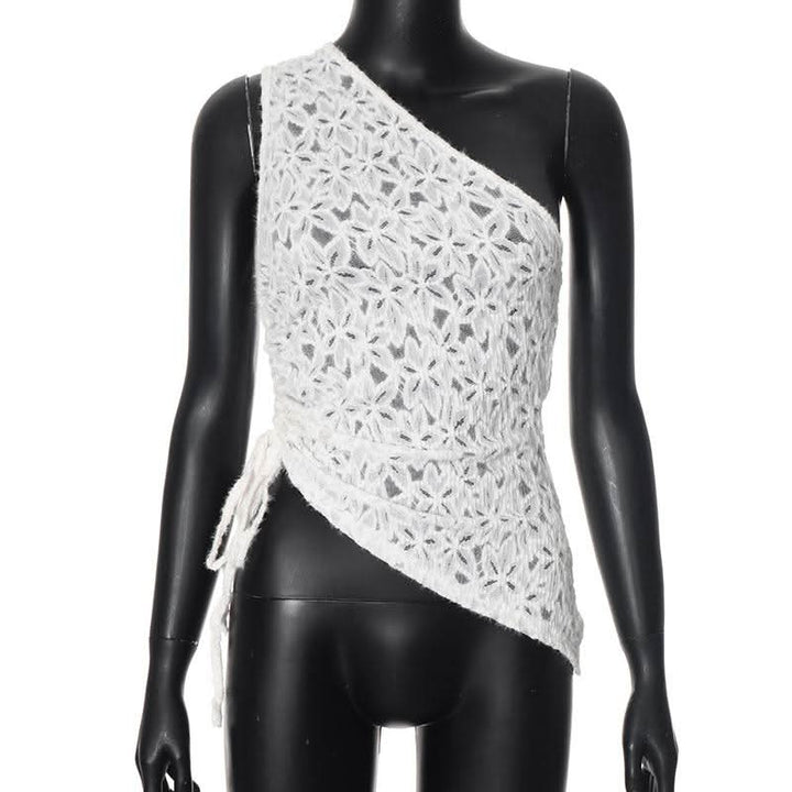 One shouler drawstring lace fluffy top  | Festival Outfits Women