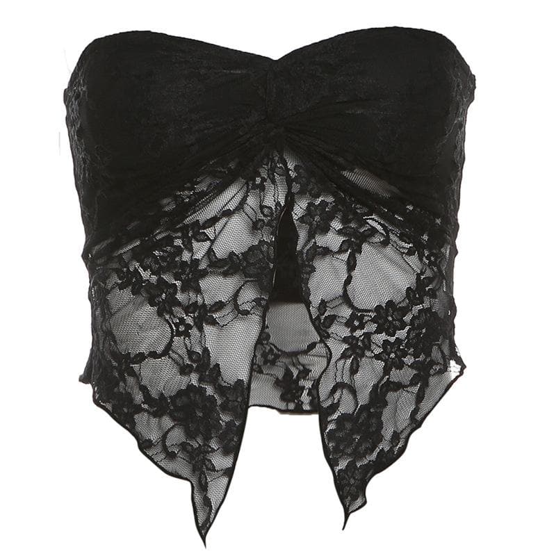 Lace ruched slit ruffle solid tube top  | Festival Outfits Women