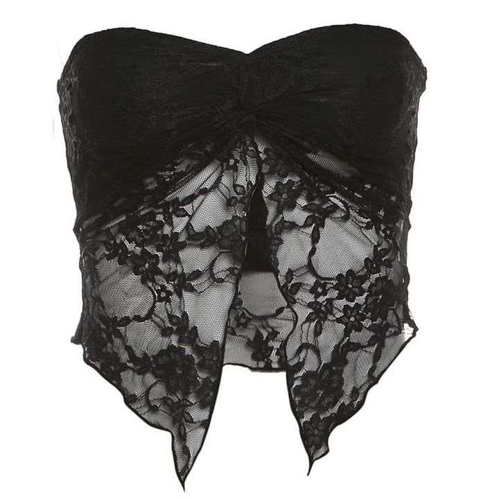 Lace ruched slit ruffle solid tube top  | Festival Outfits Women