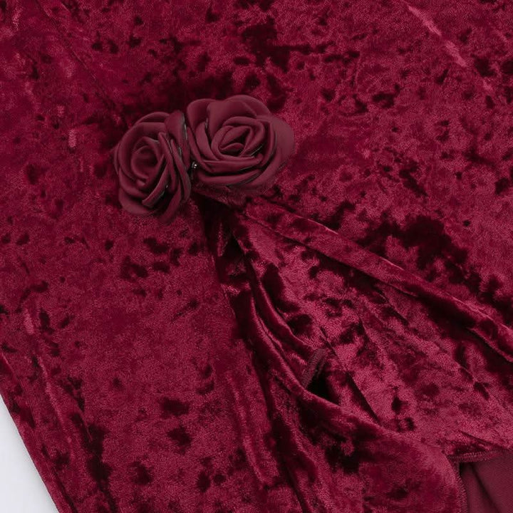 Sweetheart neck velvet flower applique slit cami maxi dress-final-sale