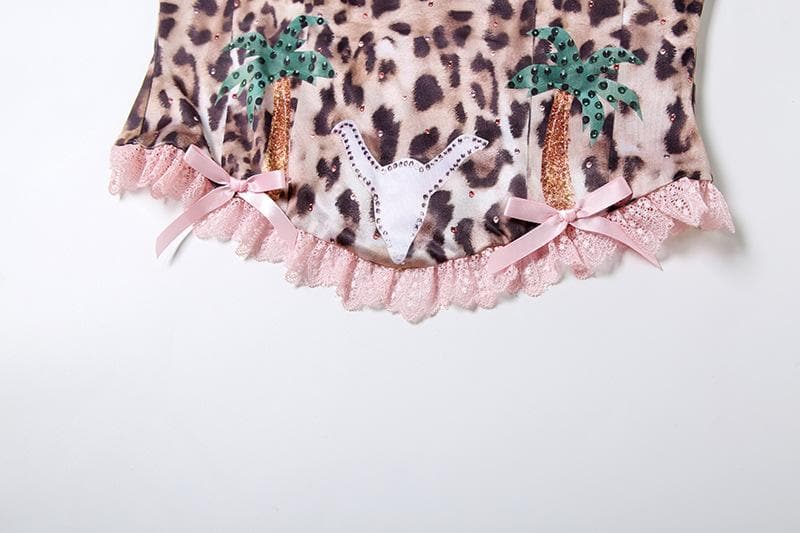 Bowknot leopard print lace hem backless tube top  | Festival Outfits Women  | Cheetah Print Top