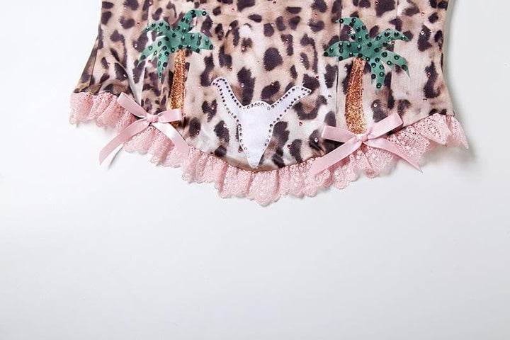 Bowknot leopard print lace hem backless tube top  | Festival Outfits Women  | Cheetah Print Top