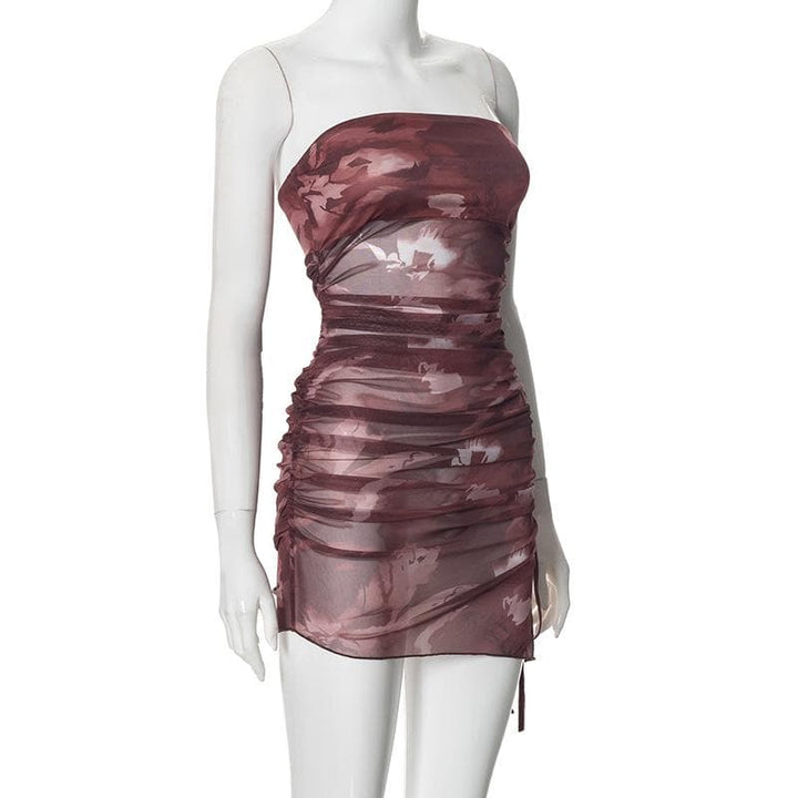 Drawstring tie dye mesh ruched tube mini dress  | Festival Outfits Women