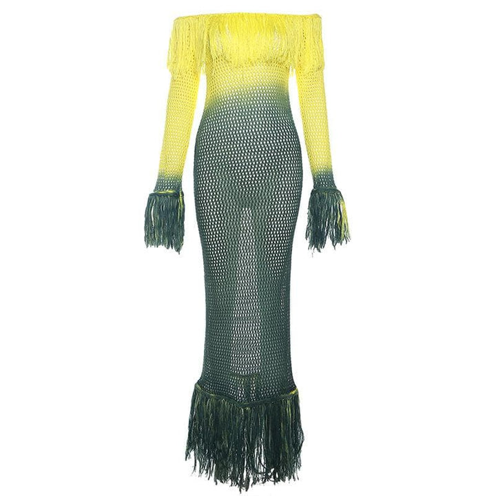 Crochet tassels off shoulder contrast long sleeve maxi dress-final-sale  | Festival Outfits Women