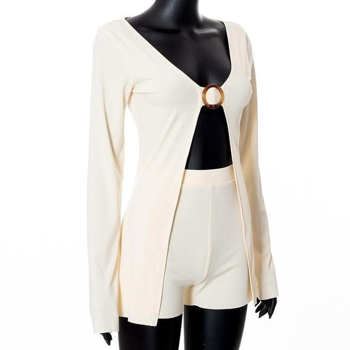 V neck long sleeve o ring slit solid crop top pant set-final-sale  | Festival Outfits Women