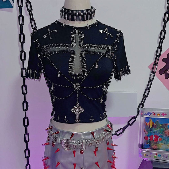 Short sleeve beaded cross pattern top  | Festival Outfits Women