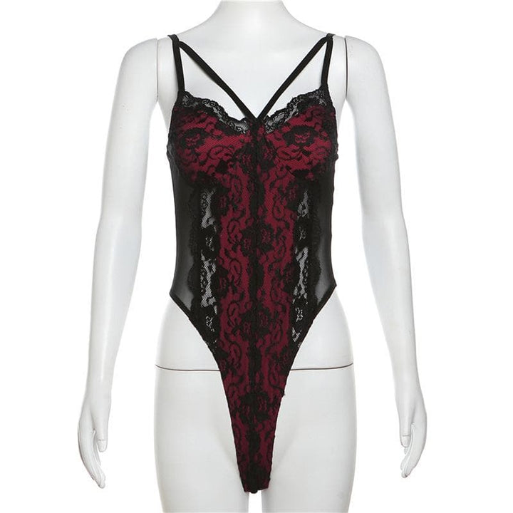 Kayan kwalliya na Patchwork v neck lace contrast bodysuit | Kayan bikin mata