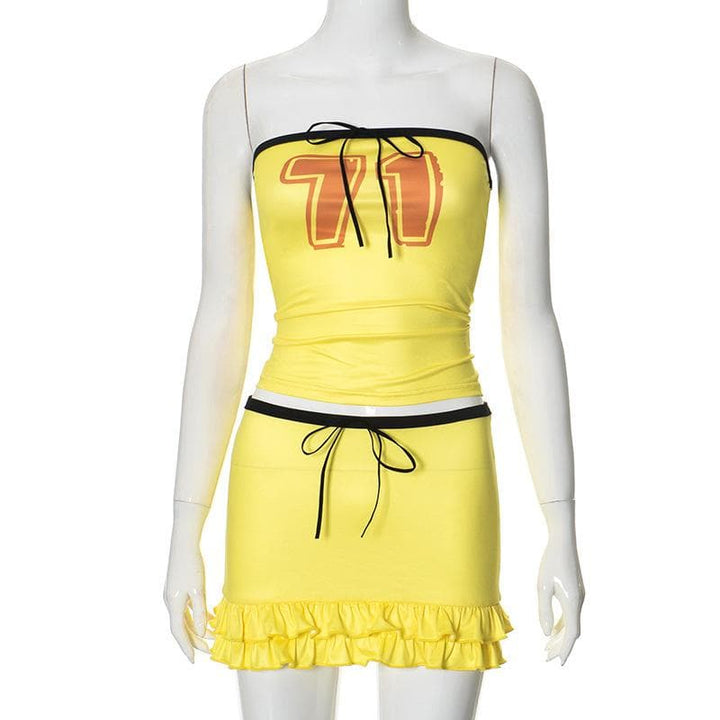 Halter knotted "71" print ruffle tube mini skirt set  | Festival Outfits Women-final-sale