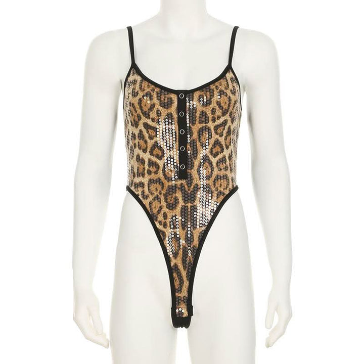 Leopard print u neck glitter button cami bodysuit  | Festival Outfits Women-final-sale