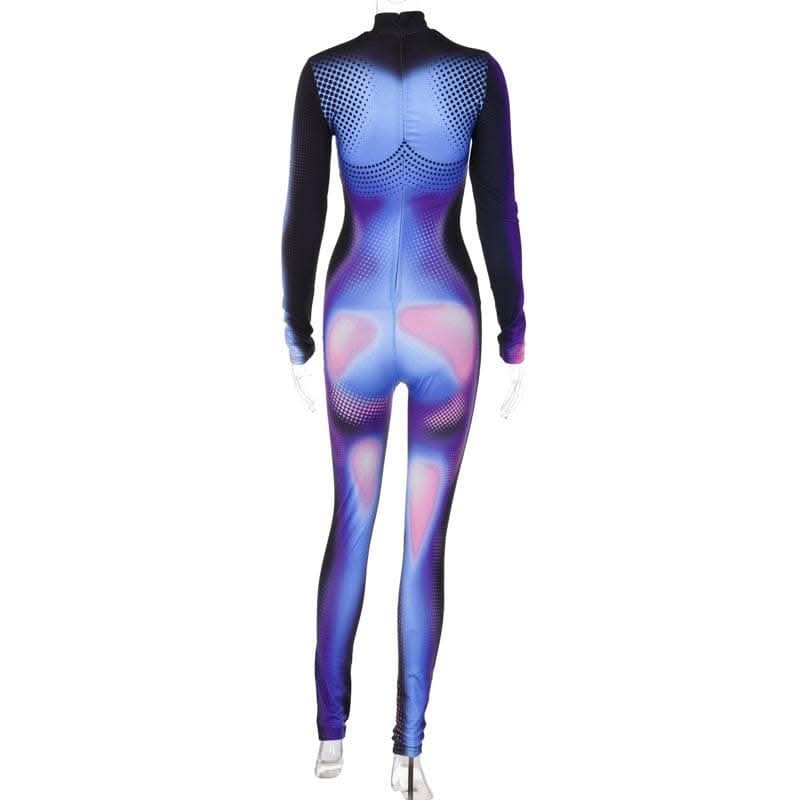 Zip-up long sleeve contrast polka dot thermal print high neck jumpsuit - Final Sale-final-sale  | Festival Outfits Women